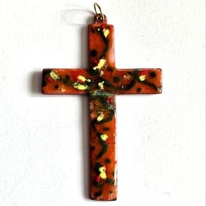 Vintage enamel cross pendant copper charm religious christian orange